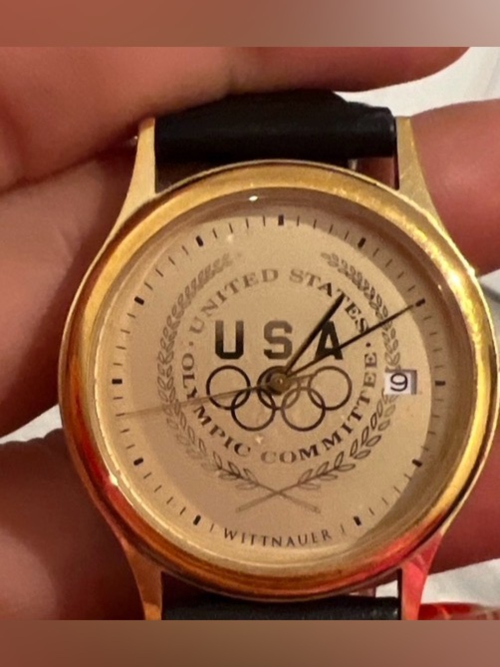 Vintage Wittnauer United States Olympic Committee watch gold-tone face W/leather